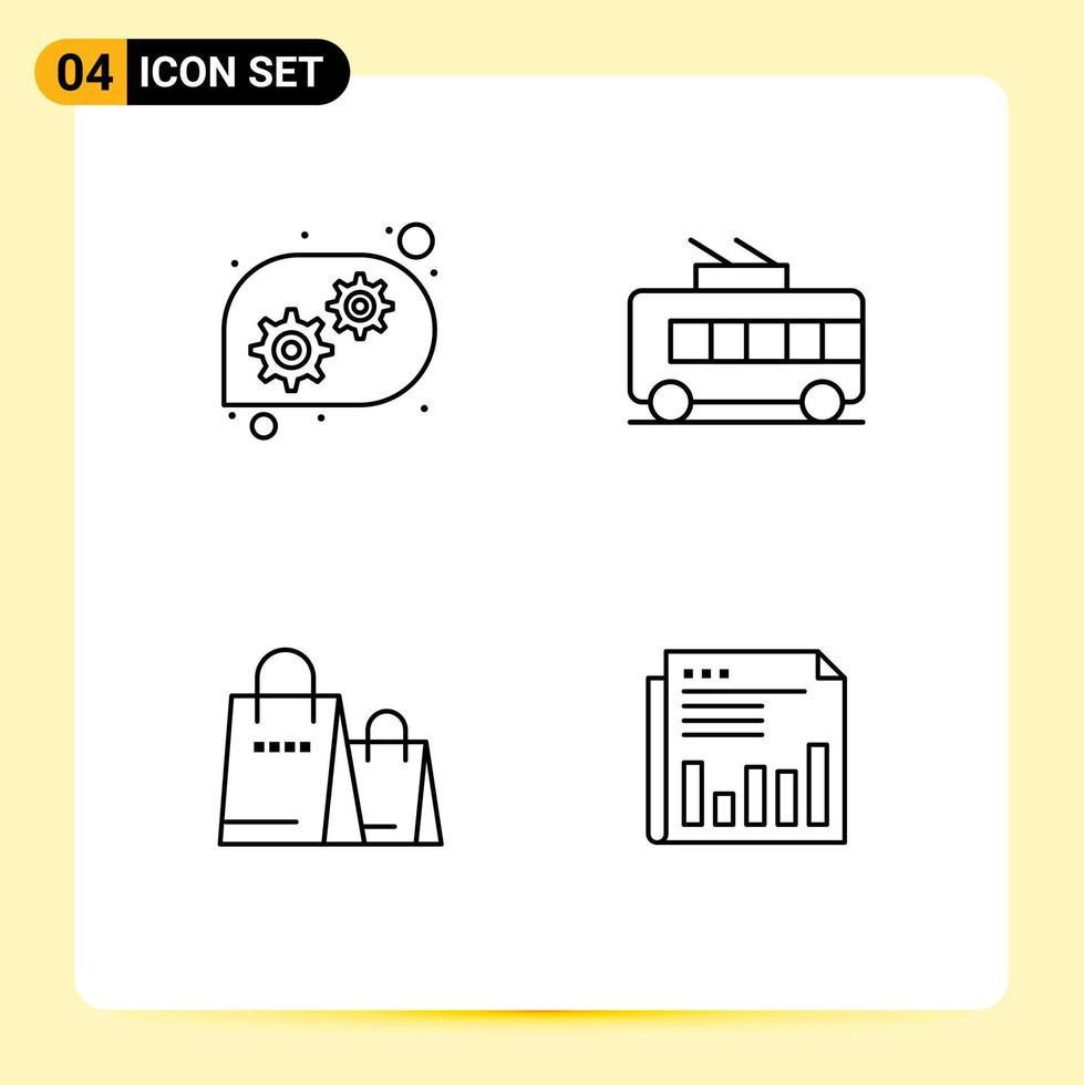 Editable Vector Line Pack of 4 Simple Filledline Flat Colors of gear shopping bus trolley bus newspaper Editable Vector Design Elements