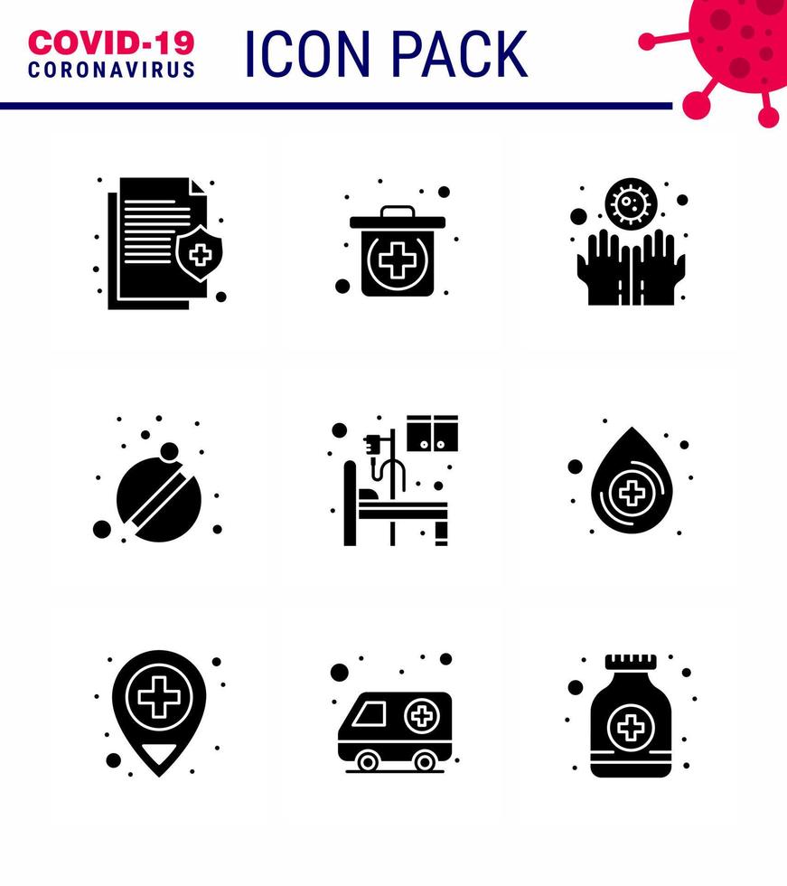 Covid19 icon set for infographic 9 Solid Glyph Black pack such as  hospital care dirty tablets medicine viral coronavirus 2019nov disease Vector Design Elements