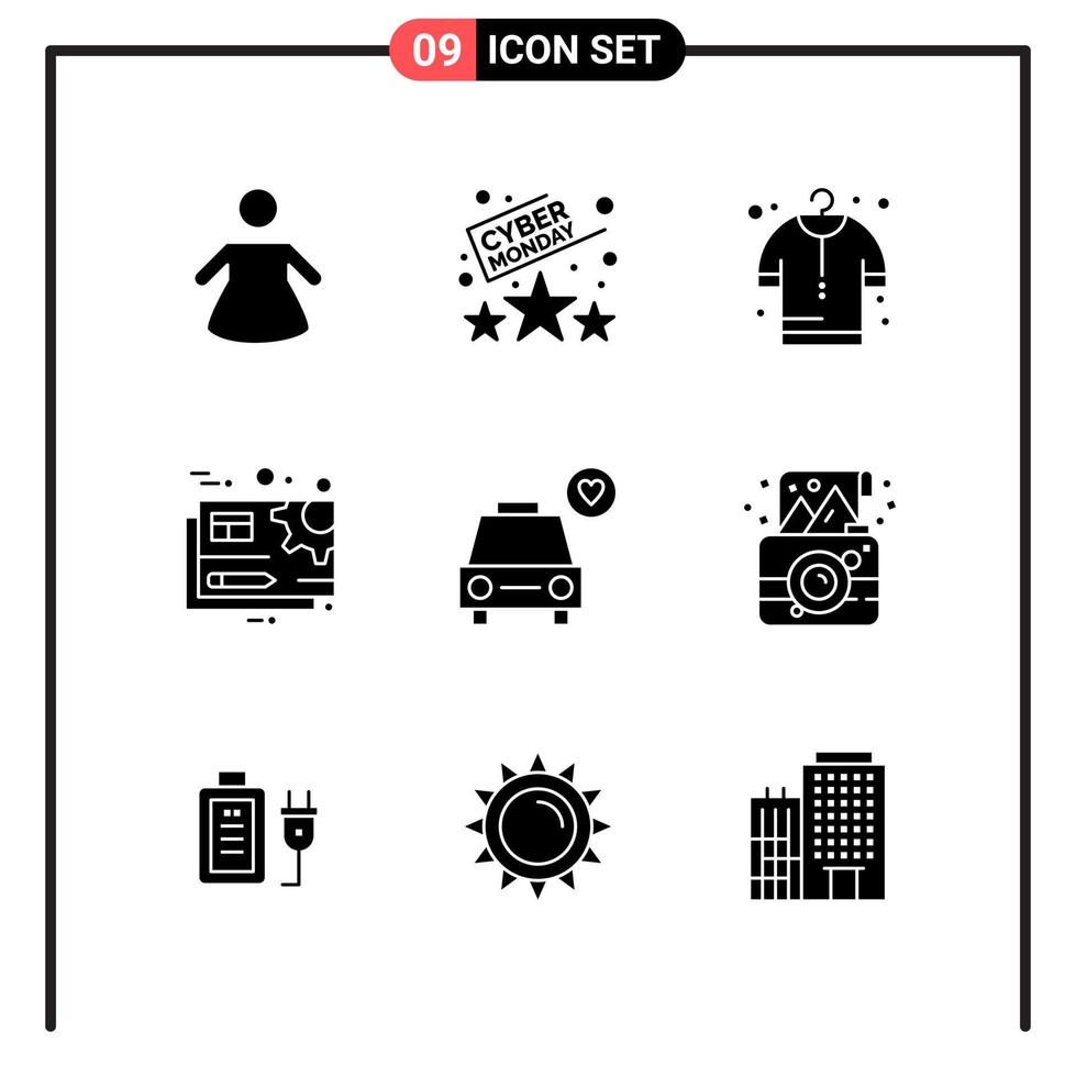 Set of 9 Solid Style Icons for web and mobile Glyph Symbols for print Solid Icon Signs Isolated on White Background 9 Icon Set Creative Black Icon vector background