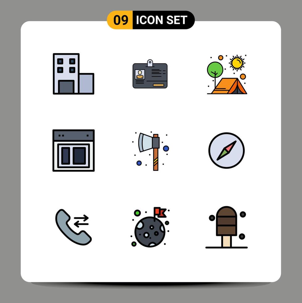 Universal Icon Symbols Group of 9 Modern Filledline Flat Colors of axe web camping site design Editable Vector Design Elements