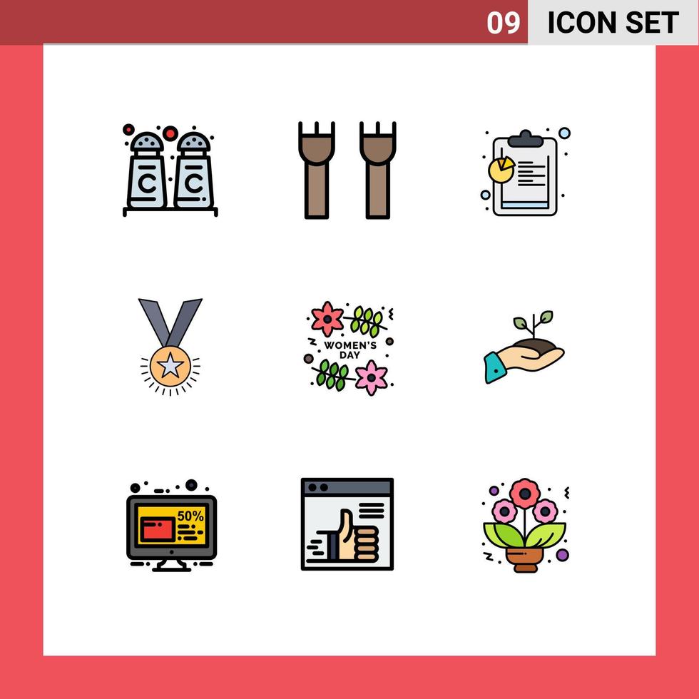 Pack of 9 Modern Filledline Flat Colors Signs and Symbols for Web Print Media such as day reputation analysis rank honor Editable Vector Design Elements