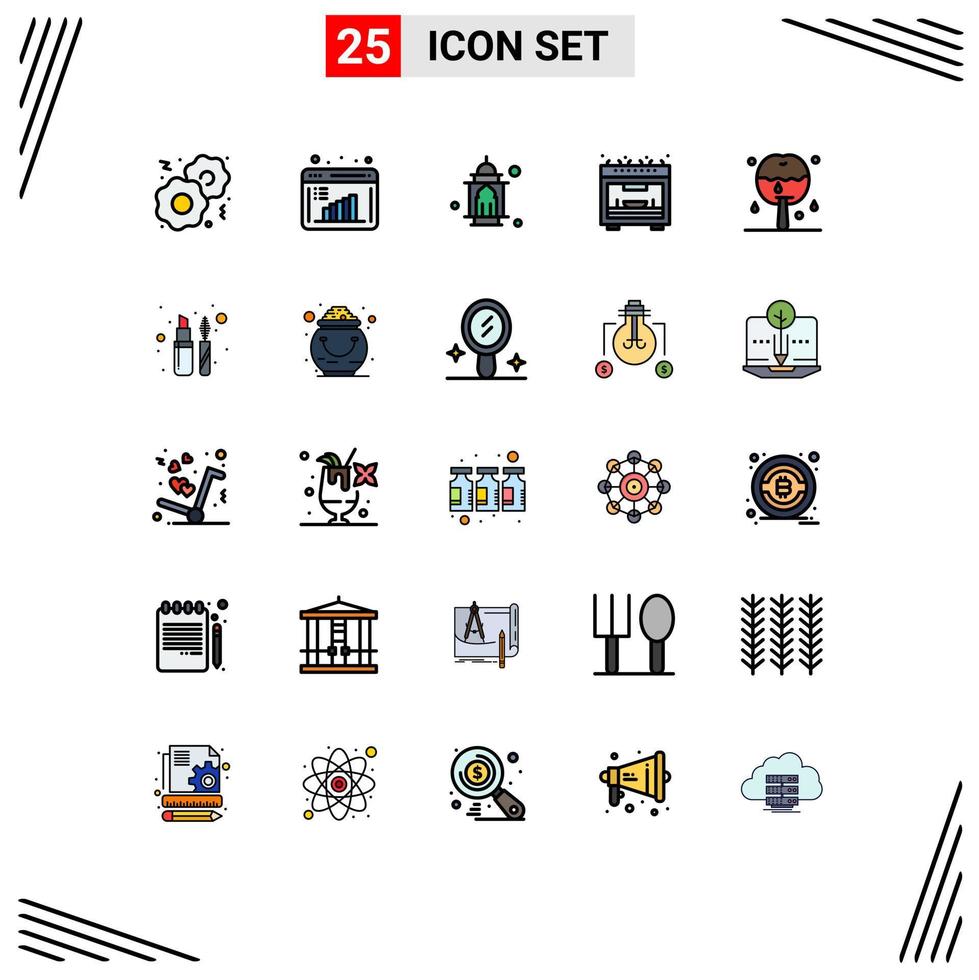 25 Universal Filled line Flat Color Signs Symbols of dessert apple masjid oven kitchen Editable Vector Design Elements
