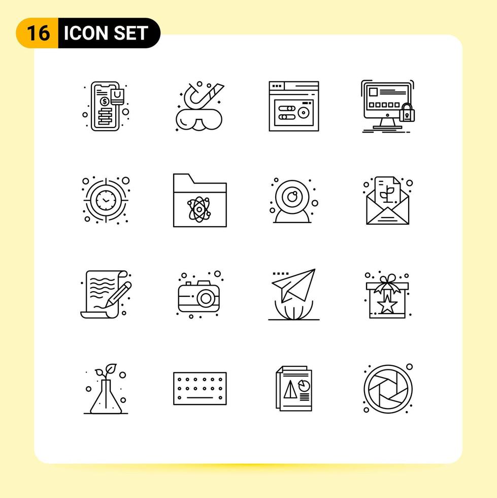 16 Universal Outline Signs Symbols of clock safety keyword lock protect Editable Vector Design Elements