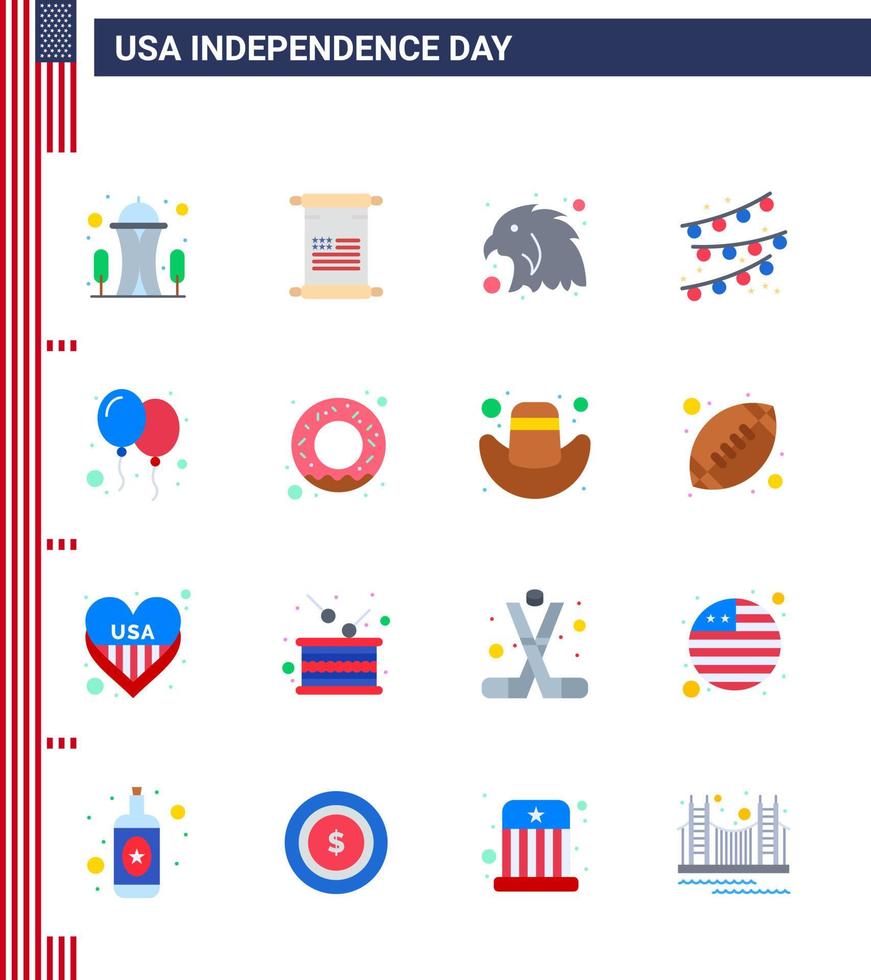 conjunto moderno de 16 pisos y símbolos en el día de la independencia de estados unidos, como fiesta celebrar globos de animales decoración de fiestas elementos de diseño vectorial editables del día de estados unidos vector