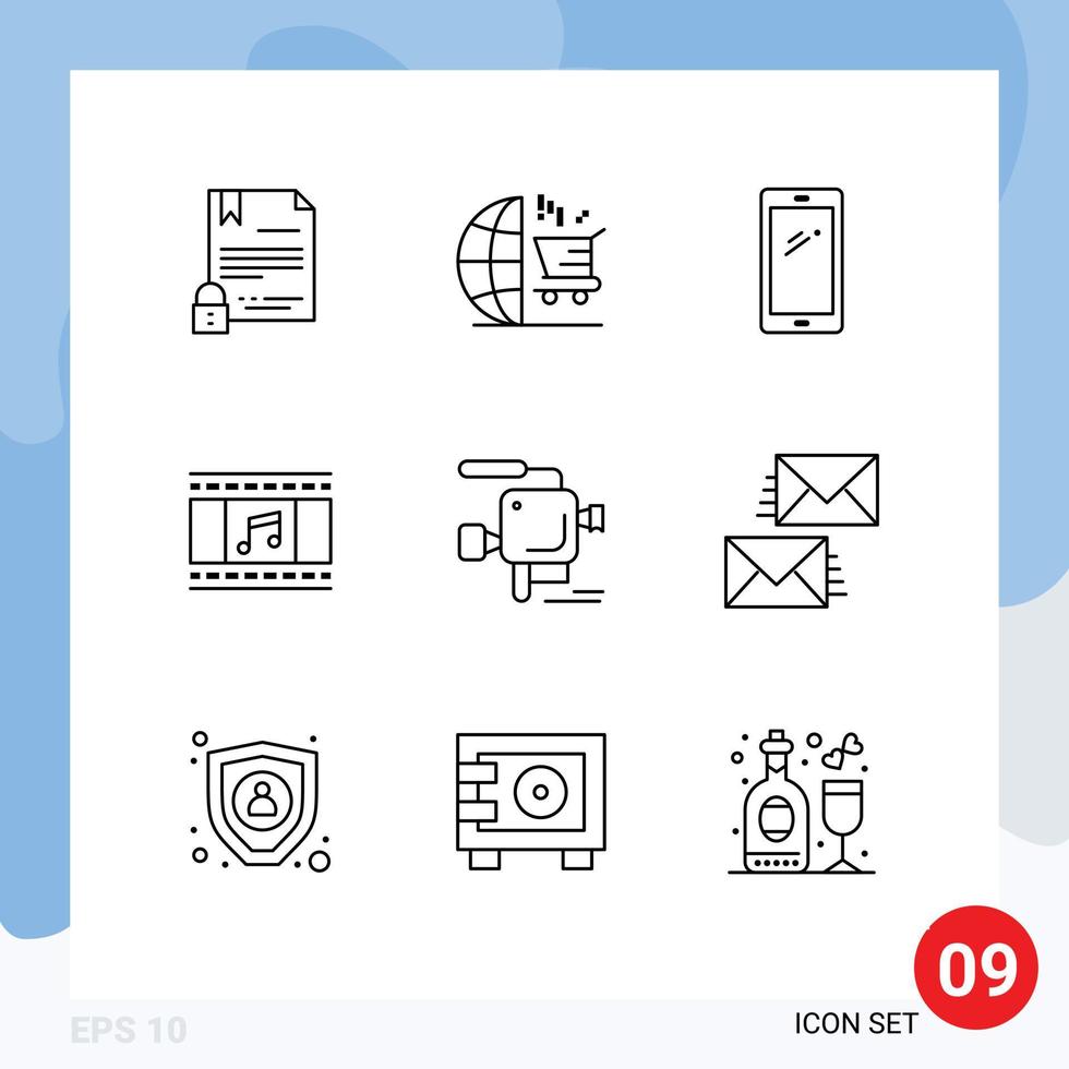 9 User Interface Outline Pack of modern Signs and Symbols of filmstrip film shopping animation android Editable Vector Design Elements
