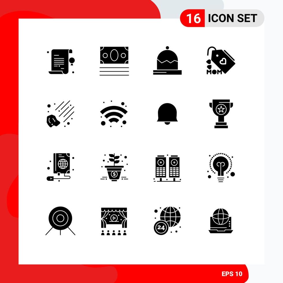 Pack of 16 Modern Solid Glyphs Signs and Symbols for Web Print Media such as meteorite mother christmas mom tag Editable Vector Design Elements