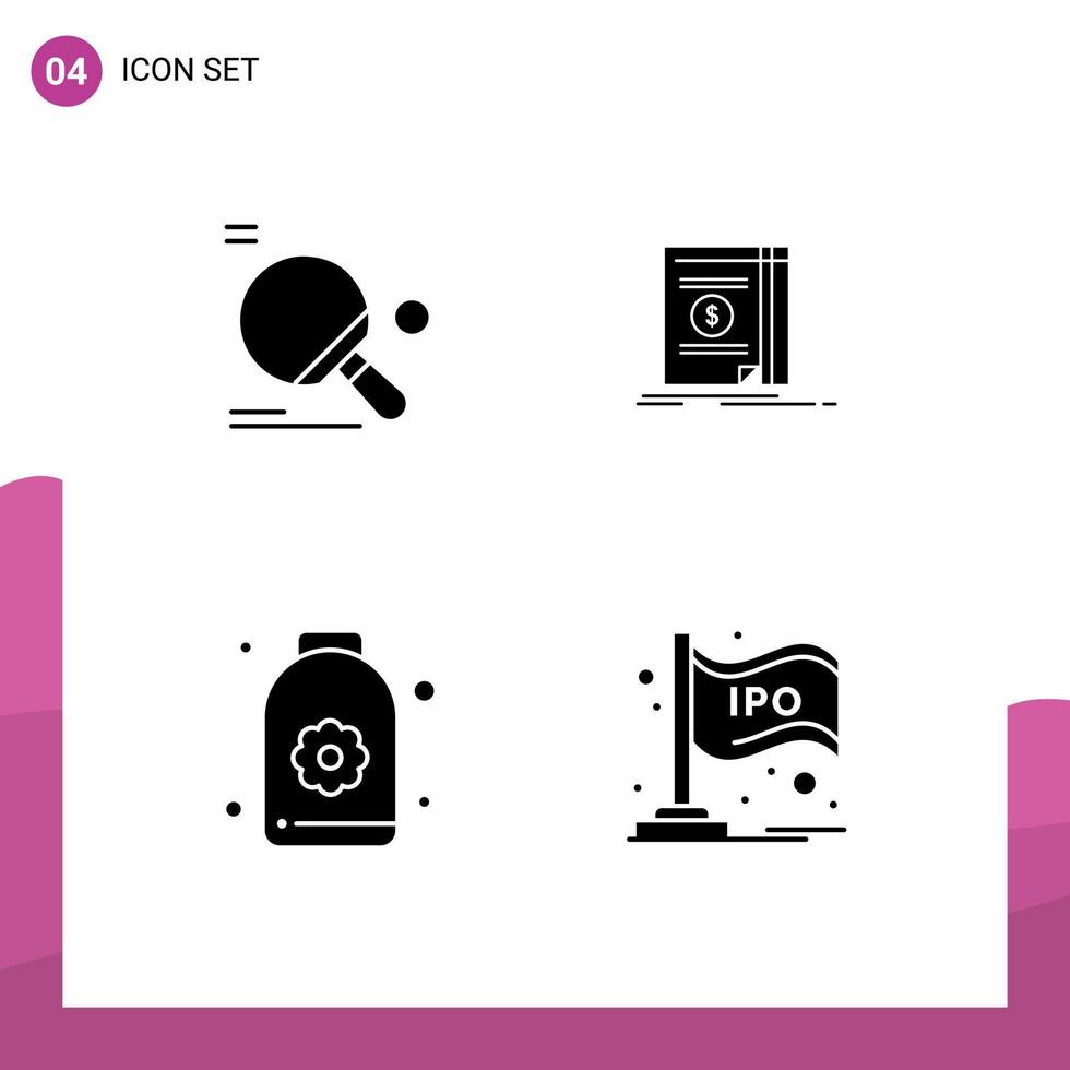 Editable Vector Line Pack of 4 Simple Solid Glyphs of racket bottle ping pong cash lotus Editable Vector Design Elements
