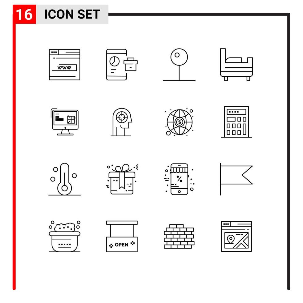 Stock Vector Icon Pack of 16 Line Signs and Symbols for construction bed room seo bed media player Editable Vector Design Elements