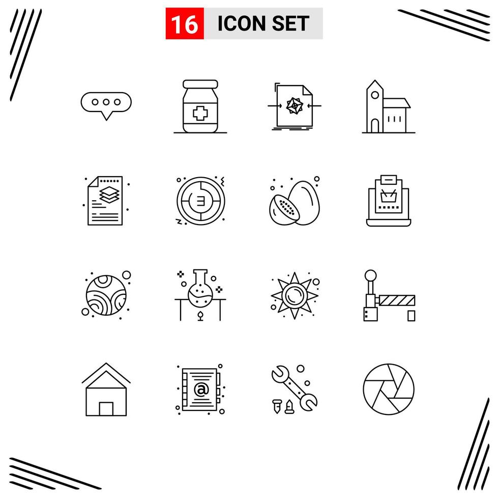 paquete de 16 signos y símbolos de contornos modernos para medios de impresión web, como elementos de diseño de vectores editables de la iglesia del monasterio de objetos creativos de archivo