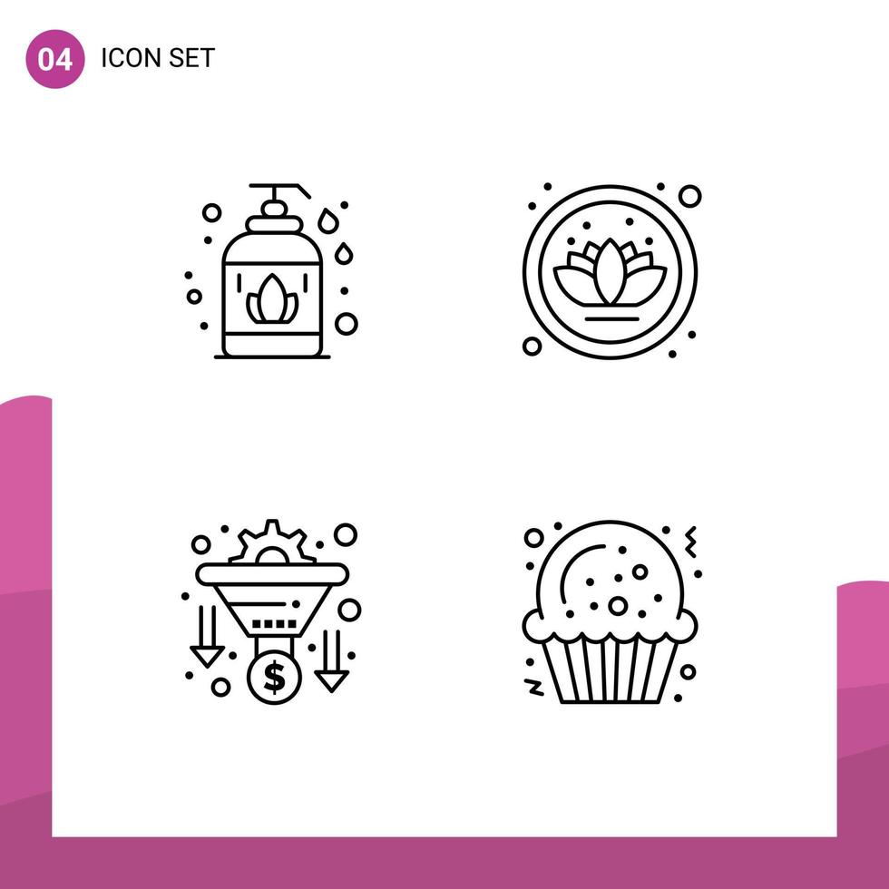 4 User Interface Line Pack of modern Signs and Symbols of liquid money lotus conversion cookie Editable Vector Design Elements