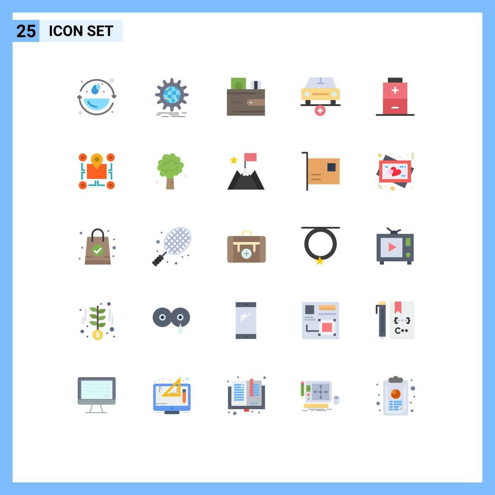 Pack of 25 Modern Flat Colors Signs and Symbols for Web Print Media such as vehicles more gear car wallet Editable Vector Design Elements