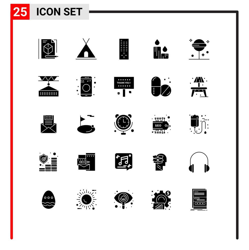 Modern Set of 25 Solid Glyphs Pictograph of lollipop confect control nature fire Editable Vector Design Elements