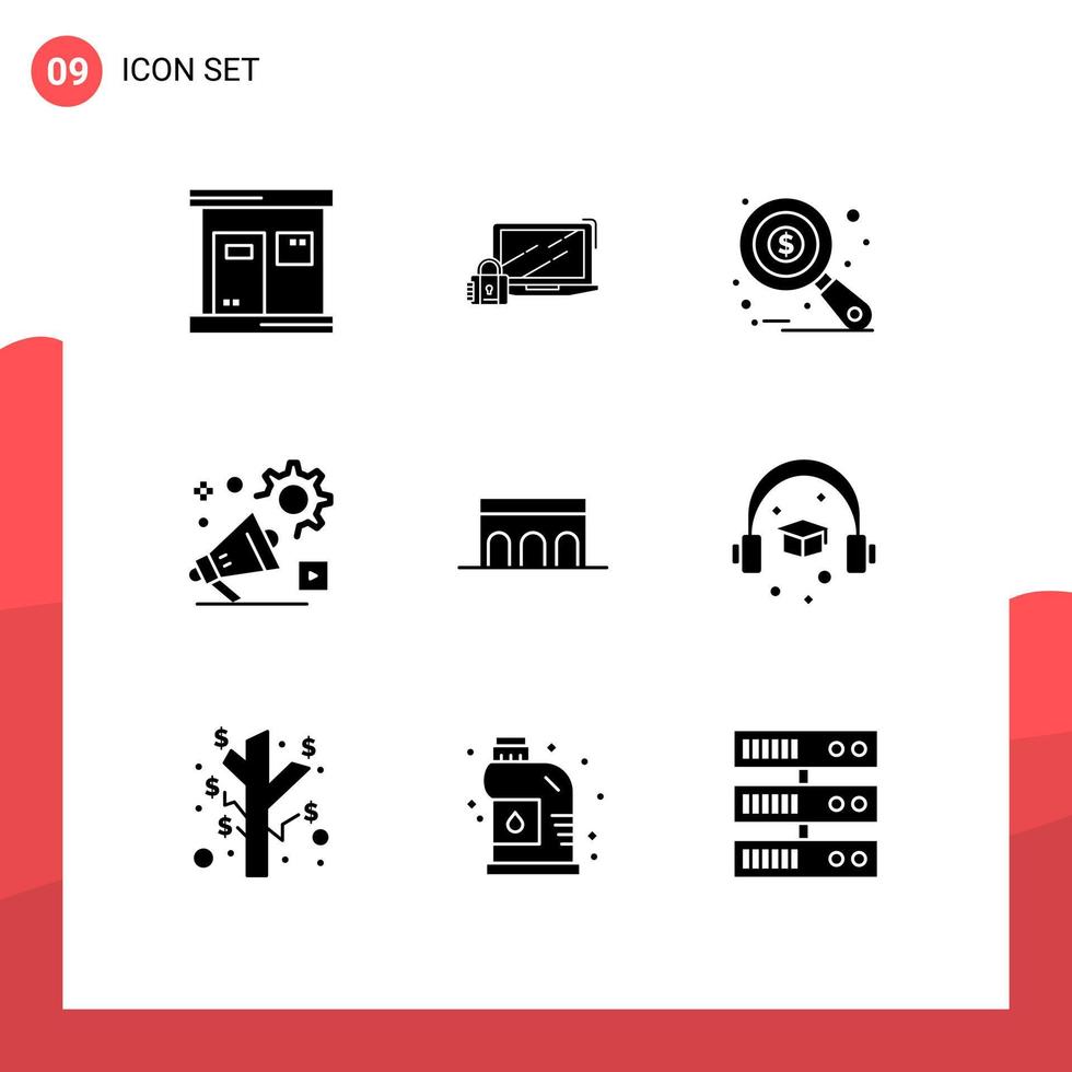 Mobile Interface Solid Glyph Set of 9 Pictograms of advertisment announcement login setting tax monitoring Editable Vector Design Elements