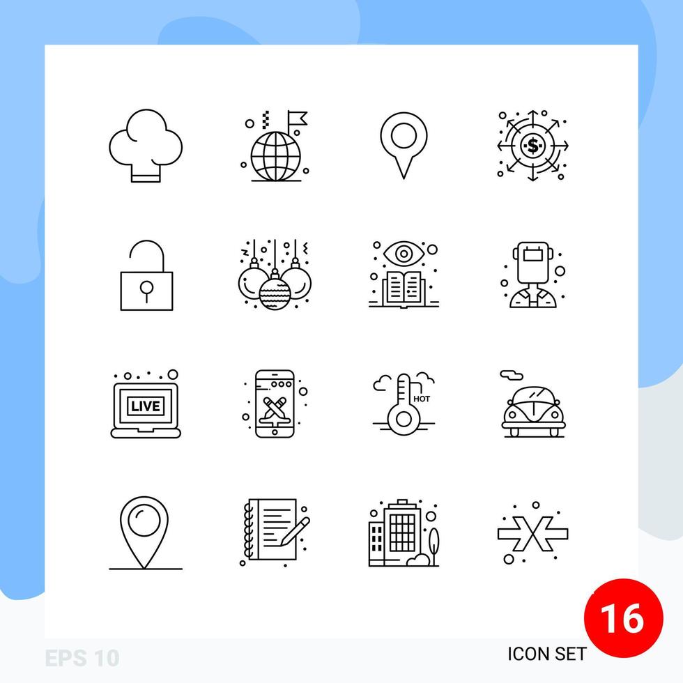 símbolos de iconos universales grupo de 16 esquemas modernos de pagos desbloqueados ubicación dinero dividendos elementos de diseño de vectores editables