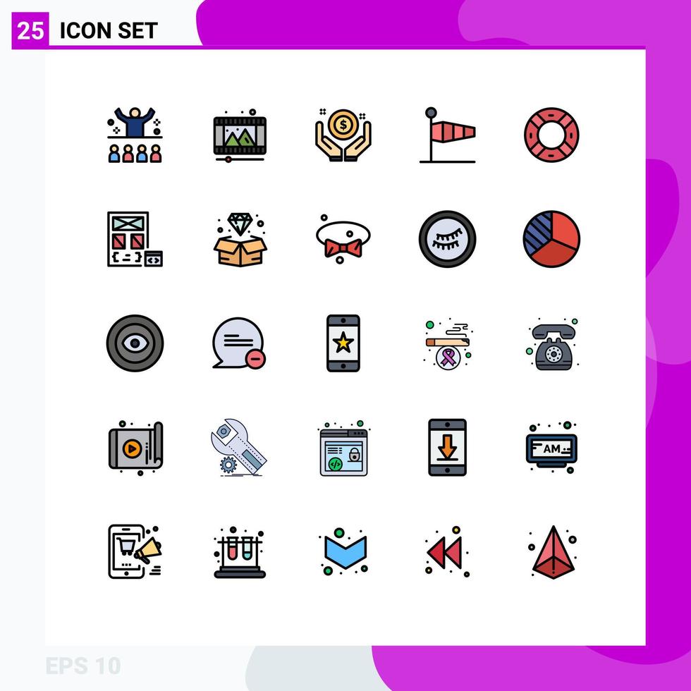25 User Interface Filled line Flat Color Pack of modern Signs and Symbols of wind flag reel blow hand Editable Vector Design Elements