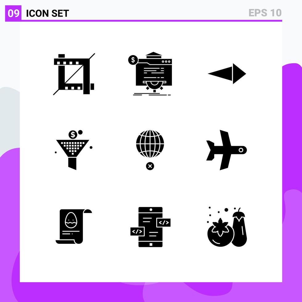 Universal Icon Symbols Group of 9 Modern Solid Glyphs of globe earth arrow return on investment funel Editable Vector Design Elements