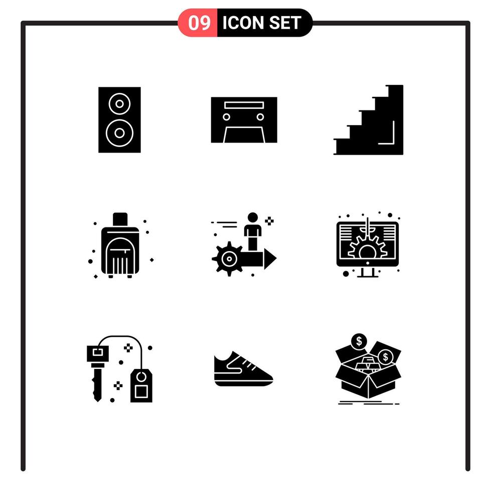 Editable Vector Line Pack of 9 Simple Solid Glyphs of setting travel floor summer stairs Editable Vector Design Elements