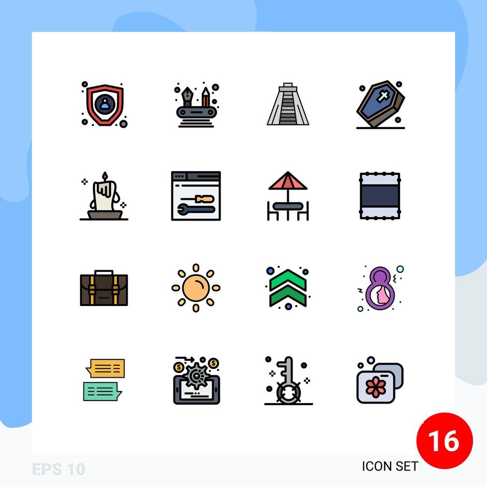 símbolos de iconos universales grupo de 16 líneas modernas llenas de color plano de linterna vela cera monumento vela espeluznante elementos de diseño de vectores creativos editables