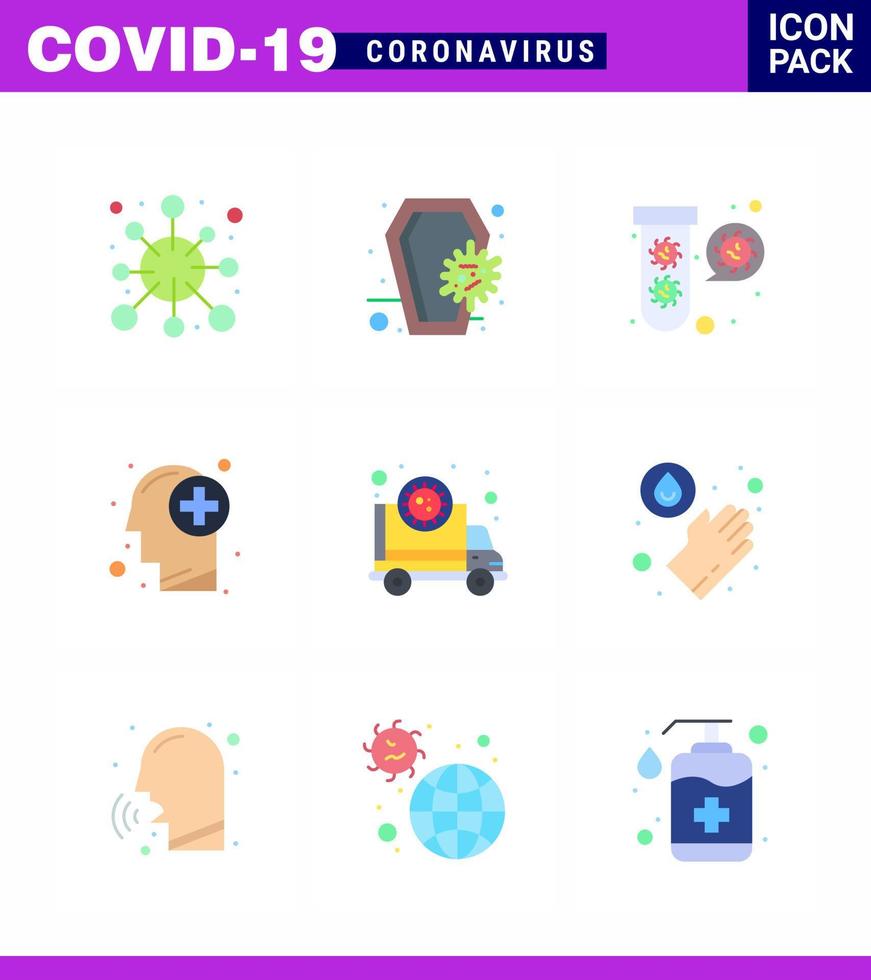 icono de consejos de precaución de coronavirus para la presentación de pautas de atención médica 9 paquete de iconos de color plano, como el virus de infección cerebral médica fueld coronavirus viral 2019nov elemento de diseño de vector de enfermedad