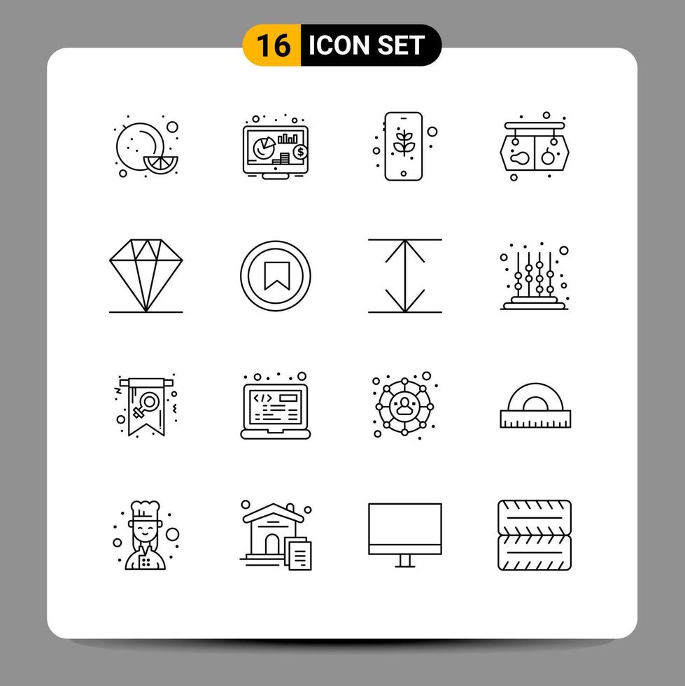 User Interface Pack of 16 Basic Outlines of interface gift mobile diamond vegetable Editable Vector Design Elements
