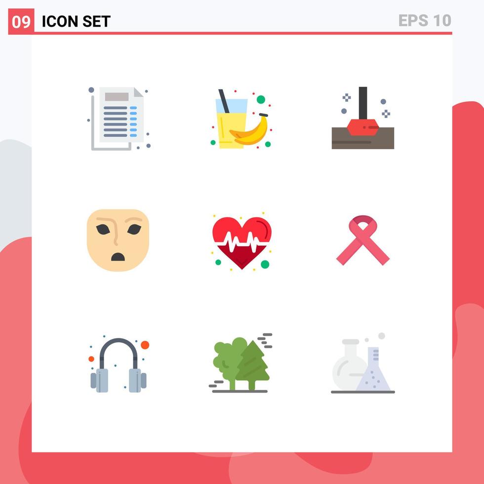 9 User Interface Flat Color Pack of modern Signs and Symbols of science beat mop pulse emotion Editable Vector Design Elements