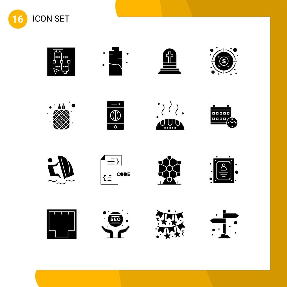 grupo de 16 glifos sólidos modernos establecidos para elementos de diseño de vectores editables de rasgadura de potencia de objetivo de fruta