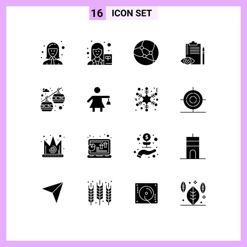 16 User Interface Solid Glyph Pack of modern Signs and Symbols of cable car control writer checklist quality control Editable Vector Design Elements