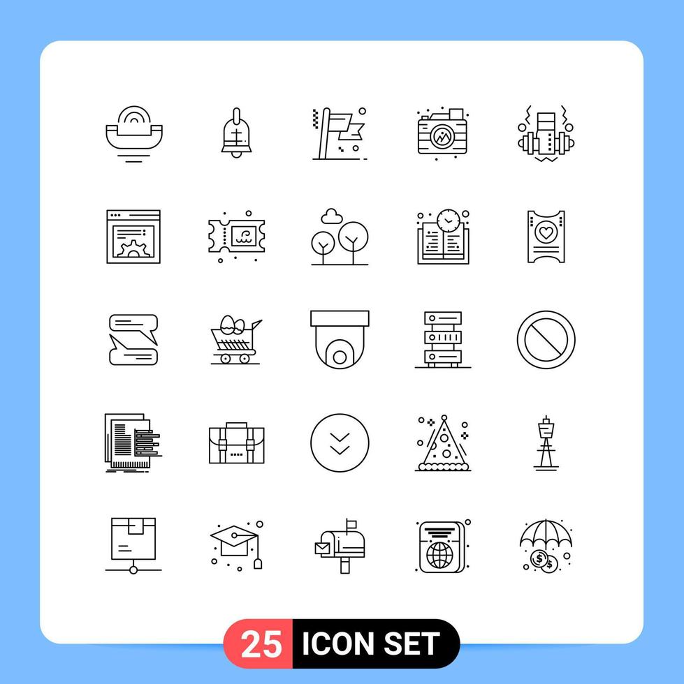 Editable Vector Line Pack of 25 Simple Lines of dumbbell camera holiday process success Editable Vector Design Elements