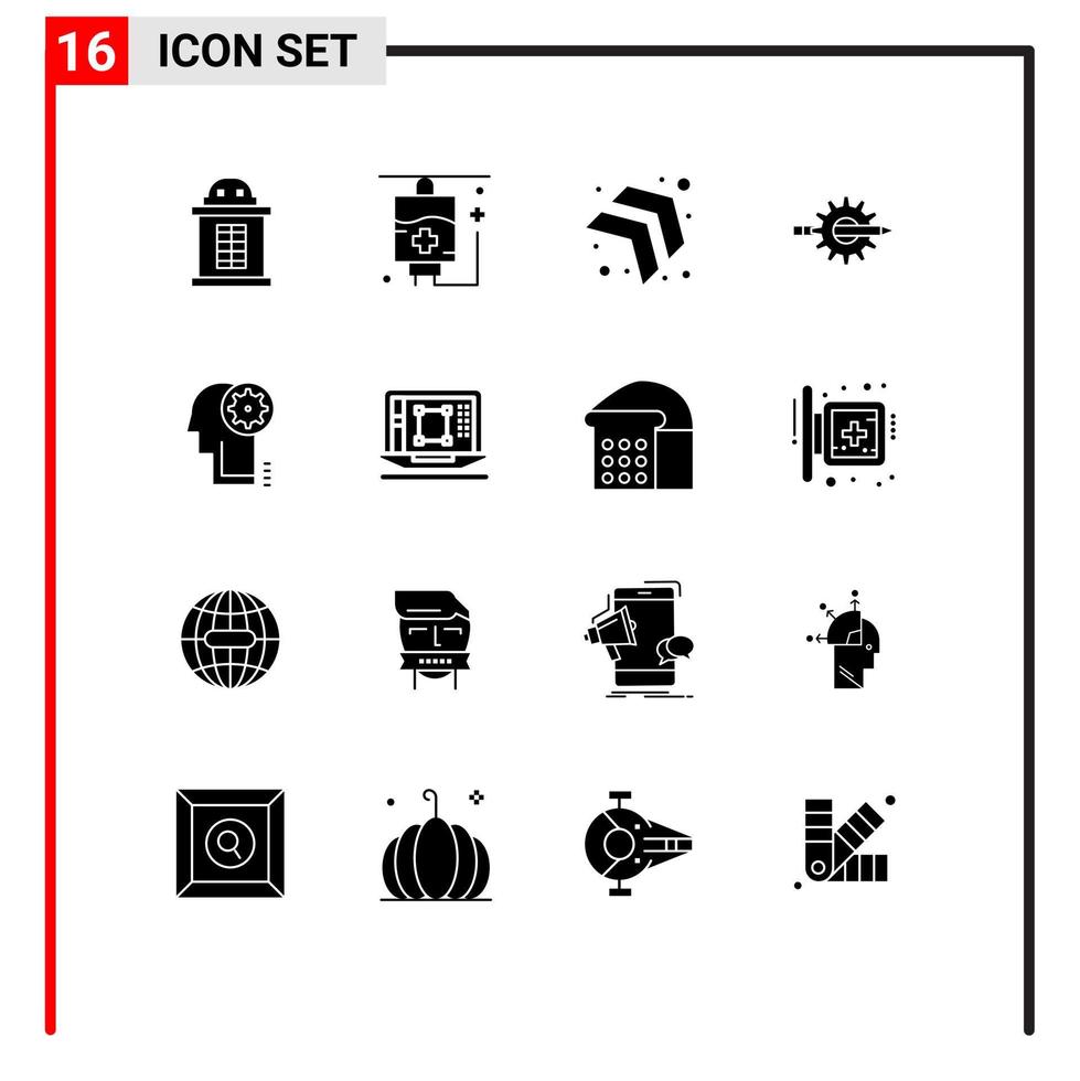 Set of 16 Commercial Solid Glyphs pack for gear brainstorming right production development Editable Vector Design Elements