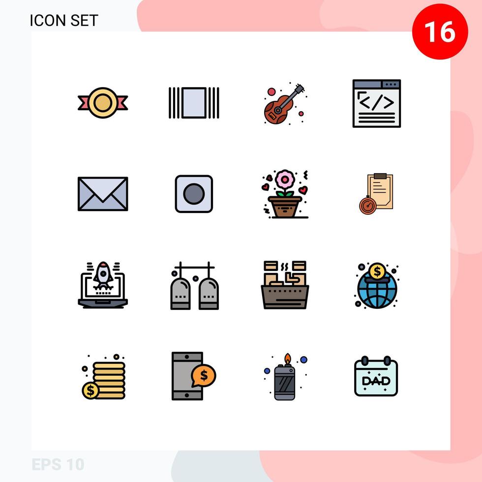 16 líneas llenas de colores planos universales establecidas para aplicaciones web y móviles contacto desarrollo web música diseño web codificación elementos de diseño de vectores creativos editables
