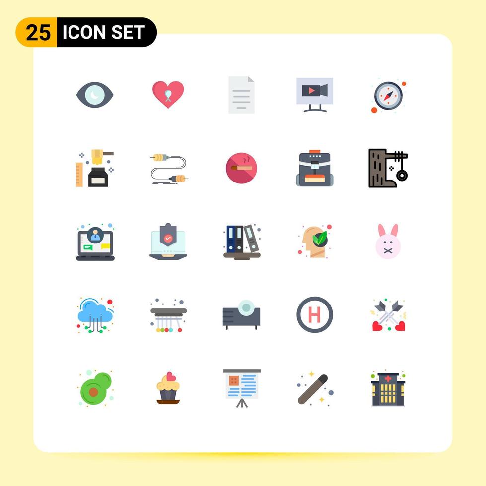 Editable Vector Line Pack of 25 Simple Flat Colors of compass video document screen money Editable Vector Design Elements