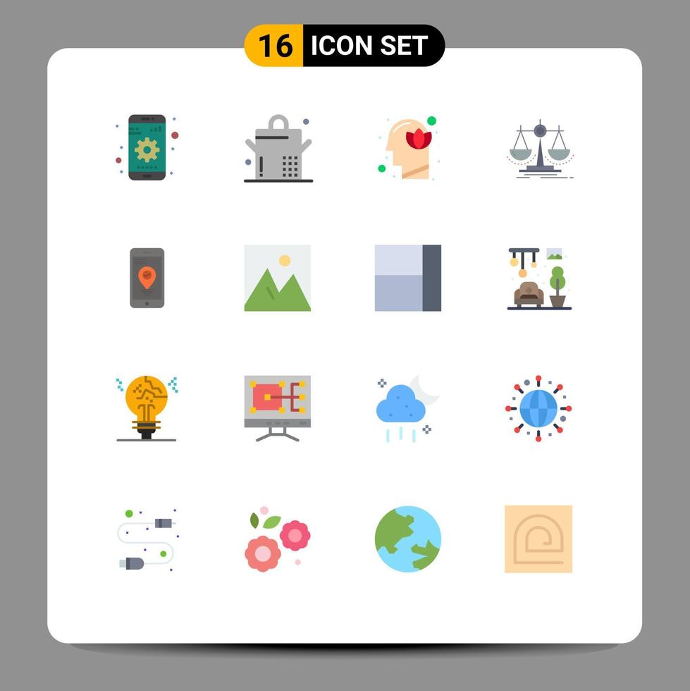 Universal Icon Symbols Group of 16 Modern Flat Colors of location scale head law decision Editable Pack of Creative Vector Design Elements