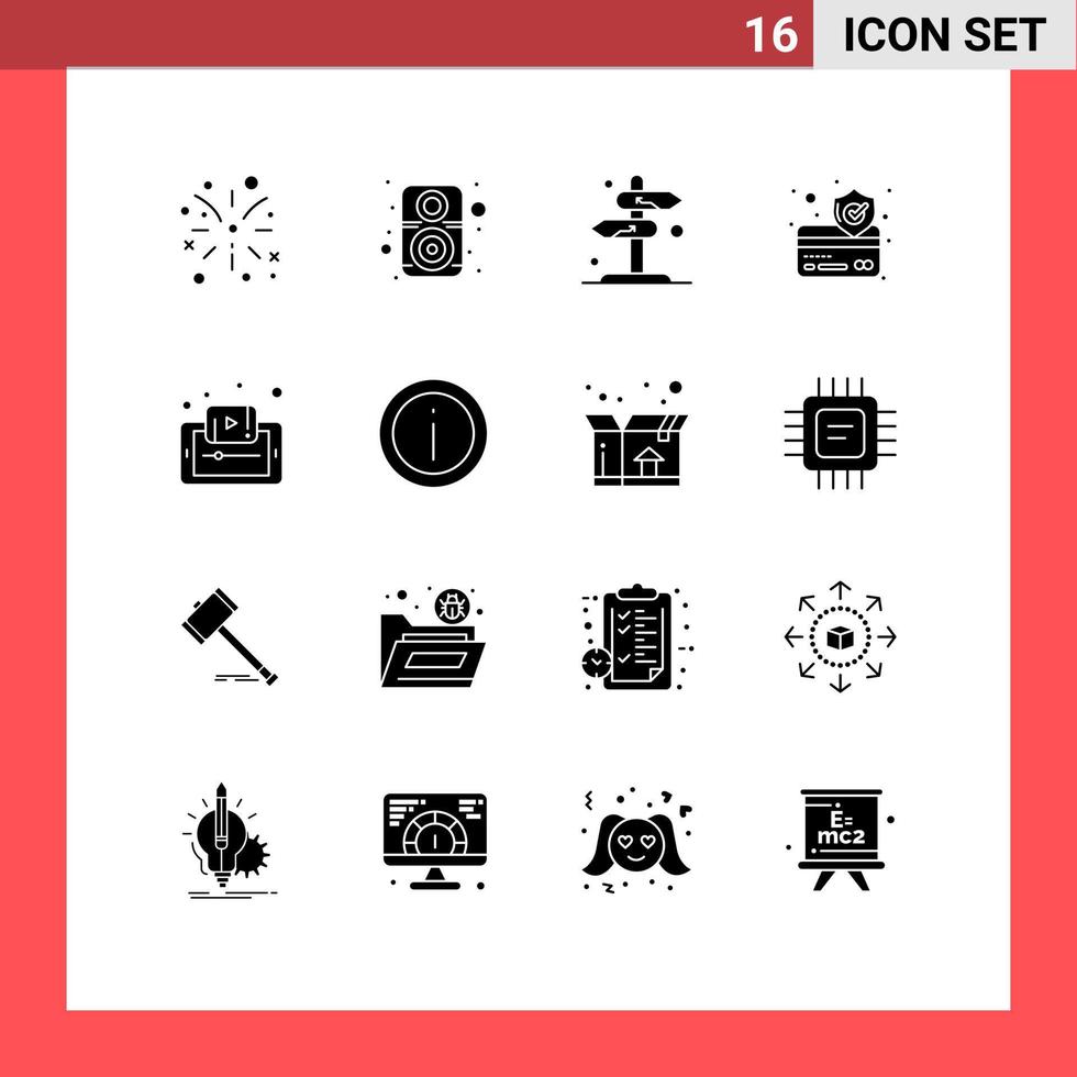 Solid Glyph Pack of 16 Universal Symbols of learning document direction secure credit card Editable Vector Design Elements