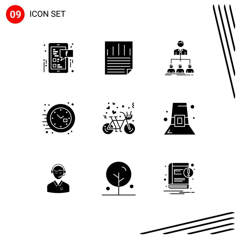 9 Thematic Vector Solid Glyphs and Editable Symbols of bicycle time team office company Editable Vector Design Elements