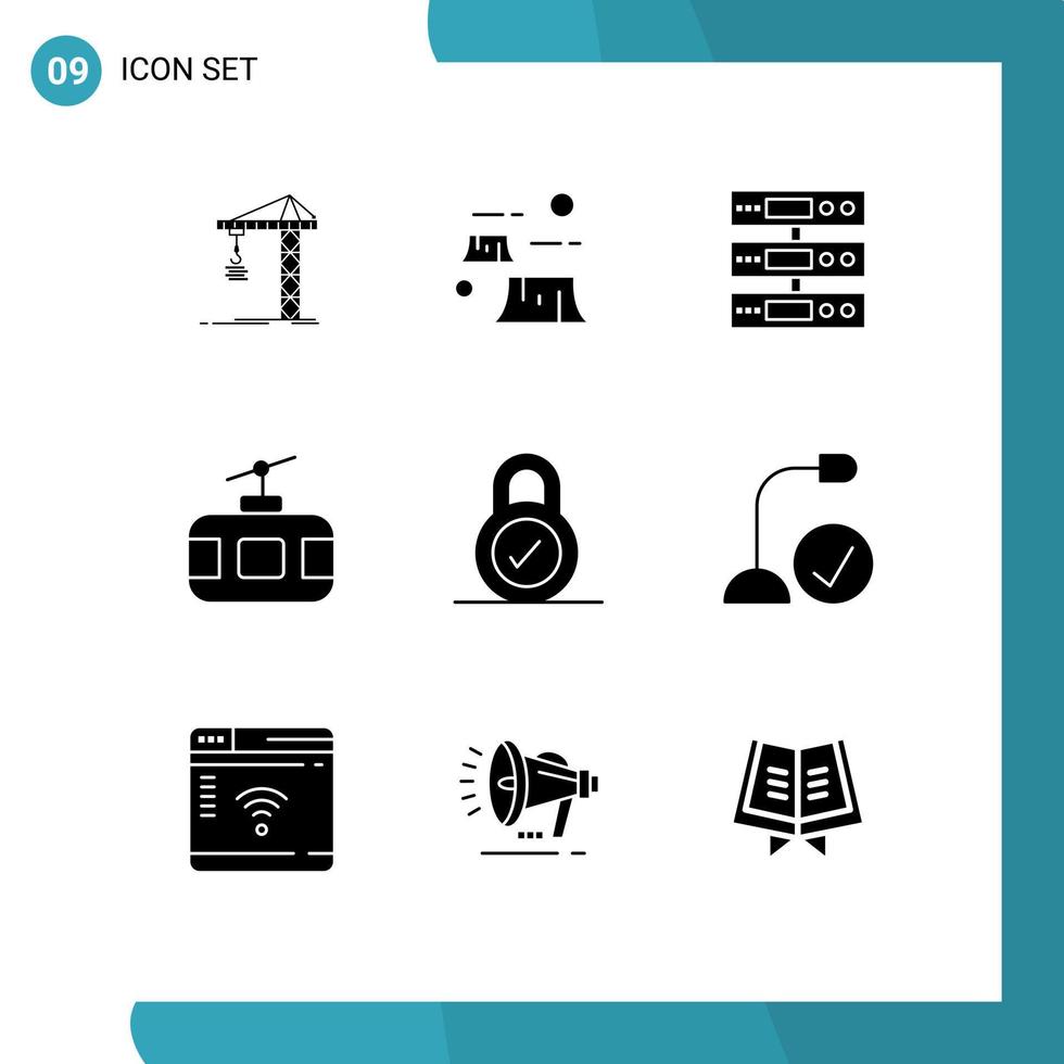 Set of 9 Vector Solid Glyphs on Grid for tour cable car destruction files storage Editable Vector Design Elements