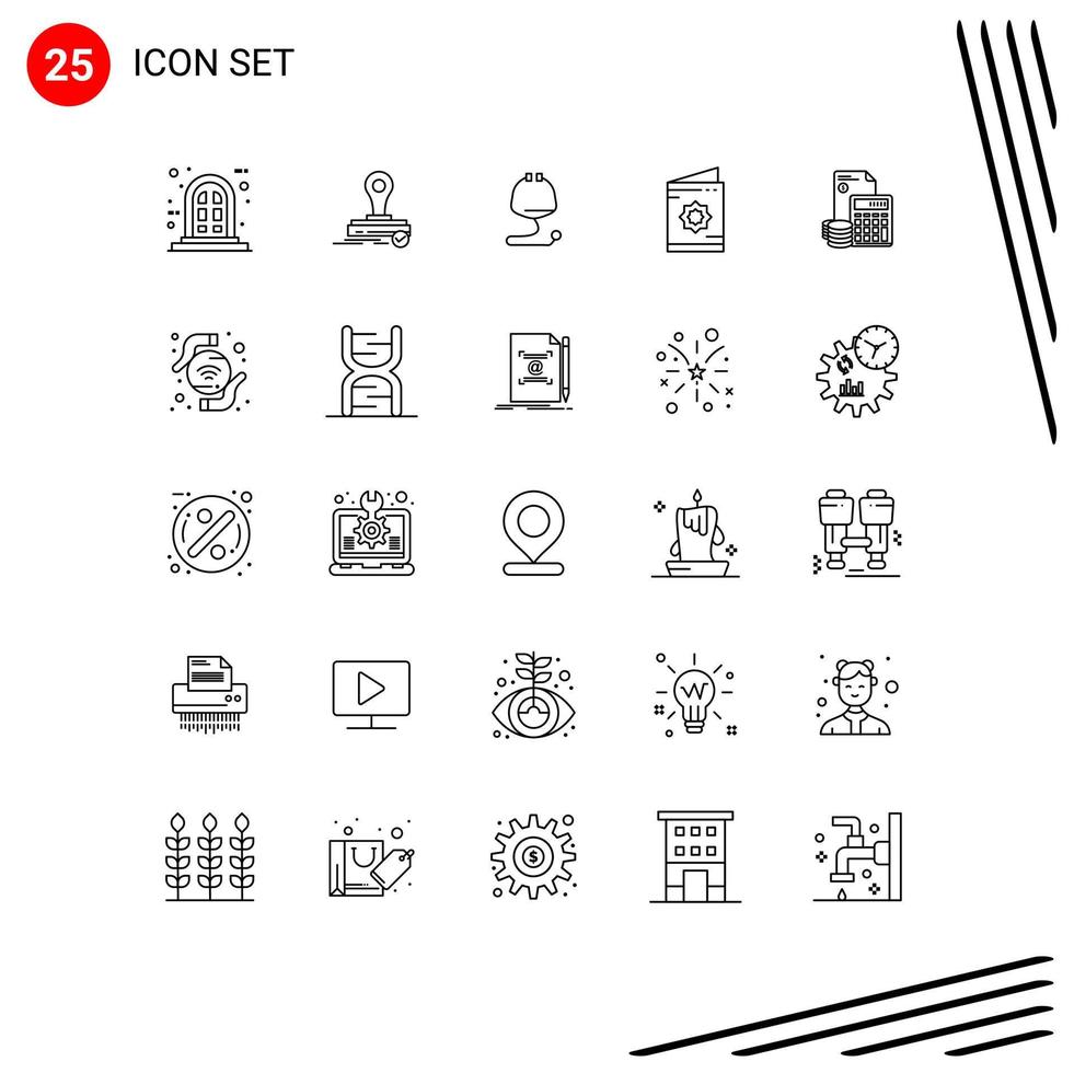 Mobile Interface Line Set of 25 Pictograms of accumulation roza healthcare muslim invitation Editable Vector Design Elements