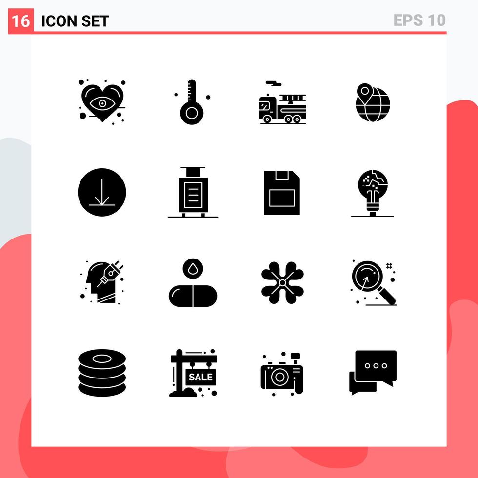 Set of 16 Modern UI Icons Symbols Signs for briefcase download quad circle globe Editable Vector Design Elements