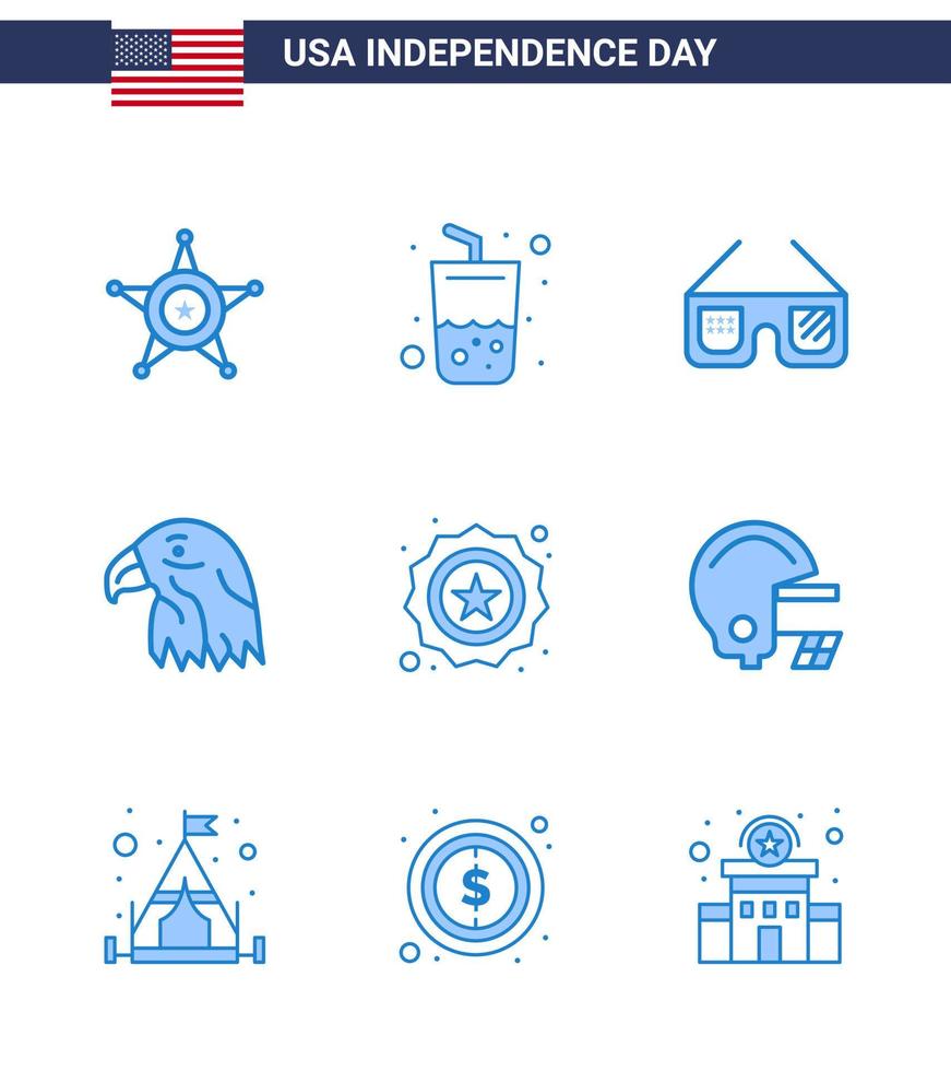 conjunto de 9 iconos del día de estados unidos símbolos americanos signos del día de la independencia para la seguridad gafas de sol de estados unidos águila animal elementos de diseño de vector de día de estados unidos editables