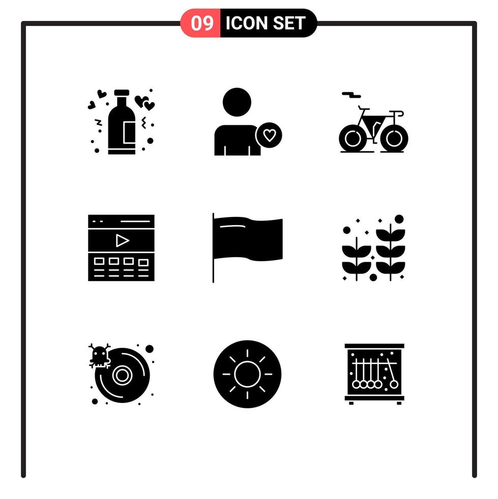 Editable Vector Line Pack of 9 Simple Solid Glyphs of flag user bicycle interface header Editable Vector Design Elements