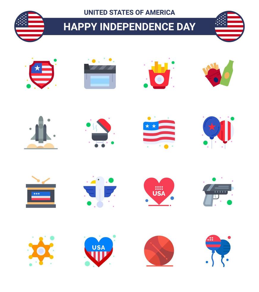 Set of 16 Modern Flats pack on USA Independence Day usa spaceship fries rocket american Editable USA Day Vector Design Elements