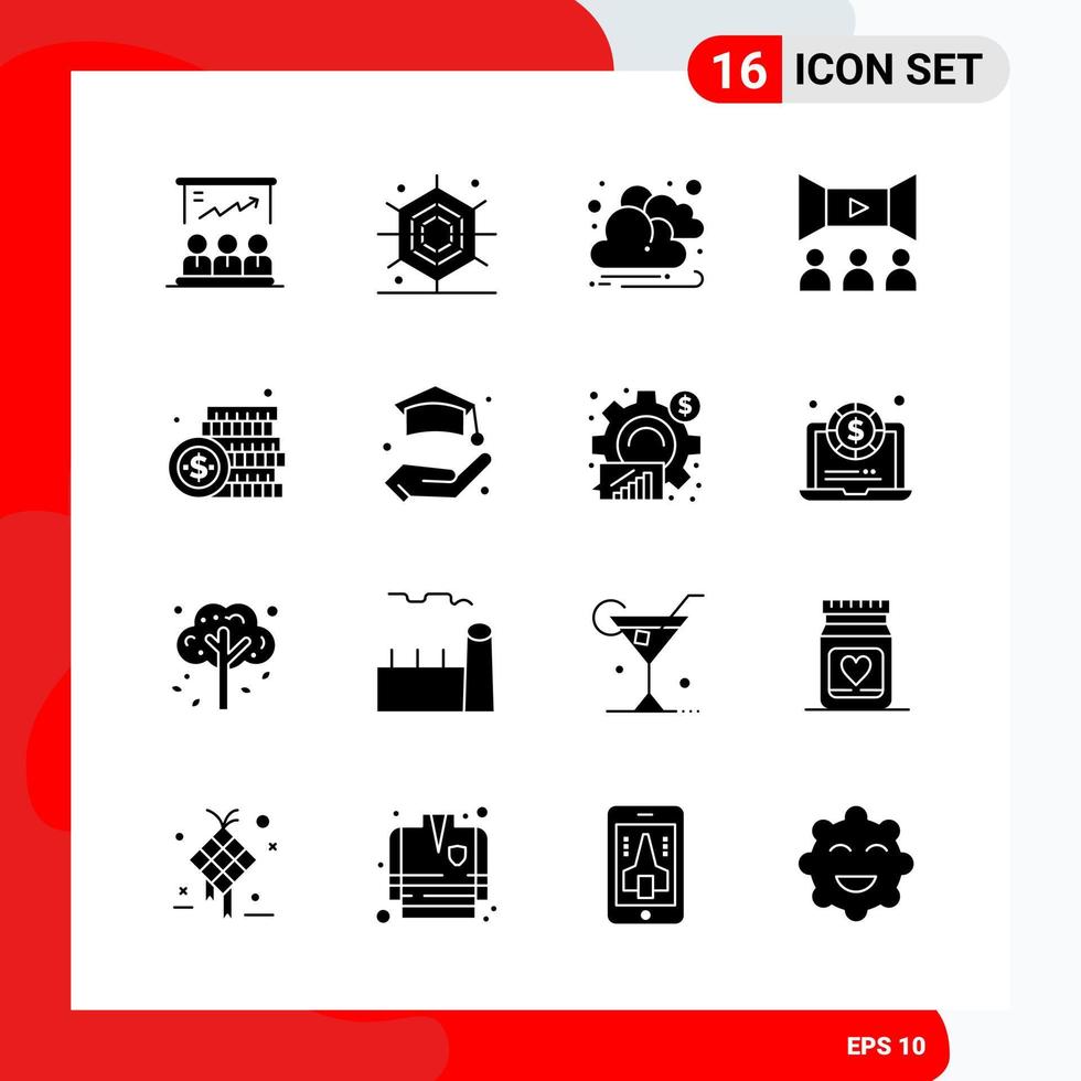 Creative Set of 16 Universal Glyph Icons isolated on White Background Creative Black Icon vector background