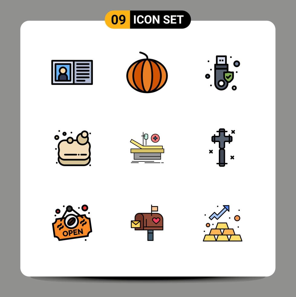 Group of 9 Filledline Flat Colors Signs and Symbols for hospital theater signature operation sauna Editable Vector Design Elements