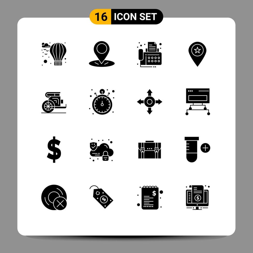 Universal Icon Symbols Group of 16 Modern Solid Glyphs of old chariot fax pin map Editable Vector Design Elements