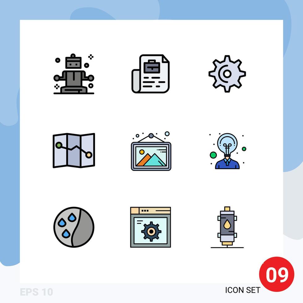 9 Thematic Vector Filledline Flat Colors and Editable Symbols of creativity photo gear image point Editable Vector Design Elements