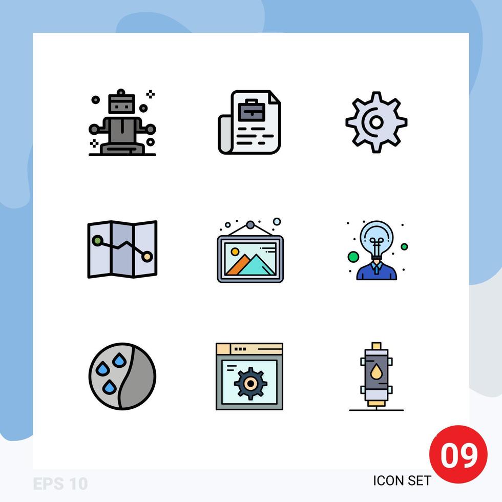 9 colores planos de línea de llenado de vectores temáticos y símbolos editables de elementos de diseño de vectores editables de puntos de imagen de engranajes fotográficos de creatividad