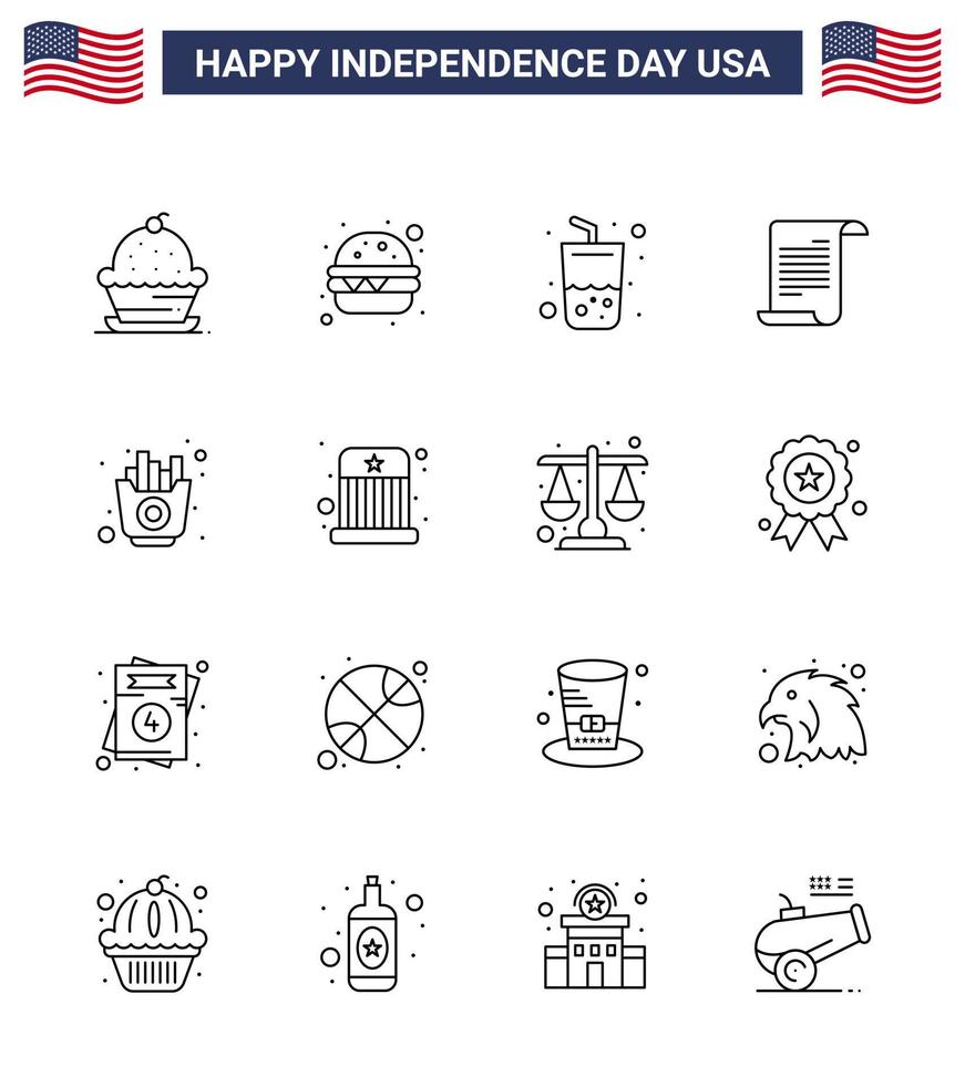 conjunto de 16 líneas vectoriales el 4 de julio, día de la independencia de estados unidos, como comida, vidrio de estados unidos, archivo americano, elementos de diseño vectorial editables del día de estados unidos vector