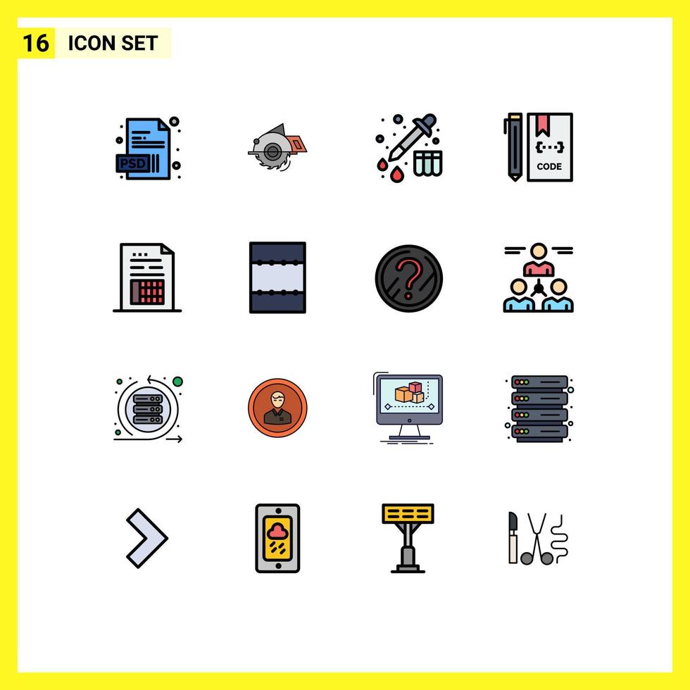 Pack of 16 creative Flat Color Filled Lines of data file chemistry development coding Editable Creative Vector Design Elements