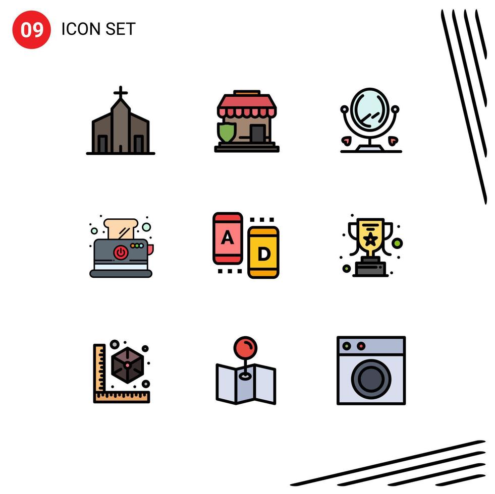 Group of 9 Modern Filledline Flat Colors Set for marketing breakfast shop toaster bread Editable Vector Design Elements