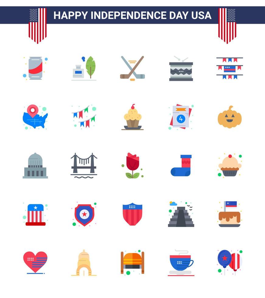 4th July USA Happy Independence Day Icon Symbols Group of 25 Modern Flats of buntings parade hokey irish drum Editable USA Day Vector Design Elements