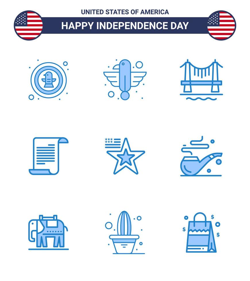 Happy Independence Day Pack of 9 Blues Signs and Symbols for usa text eagle file city Editable USA Day Vector Design Elements